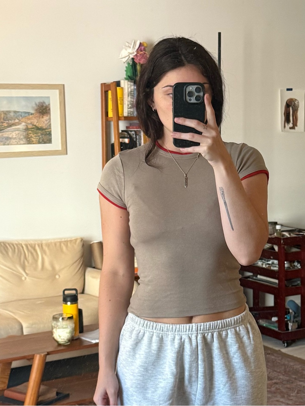 Zara Taupe Ribbed Short-Sleeve Tee with Red Trim